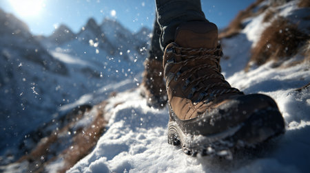 Hiker's boots crunching on snow, moving through a winter mountain landscapeの写真素材
