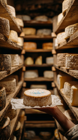 Artisan hand holding a round cheese in an aging cellar with many shelves of cheese