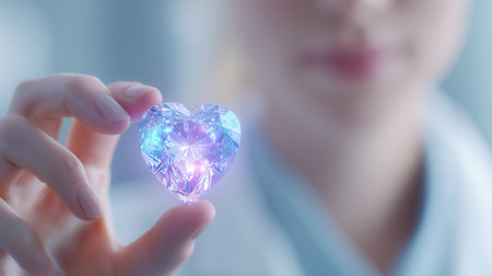 Close up of woman's hand holding a shining heart-shaped jewel, representing love, luxury, and technologyの写真素材