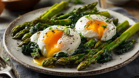 Poached eggs with runny yolk on a bed of fresh asparagus and sauteed spinachの写真素材