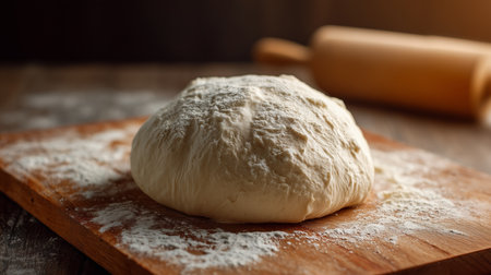 Dough ball resting on a floured board with a rolling pin in the background, ready for bakingの写真素材