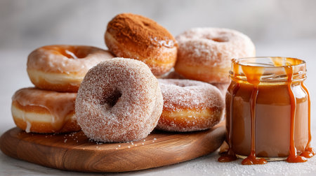 Assortment of various fresh donuts on a wooden board with a jar of dripping caramelの写真素材