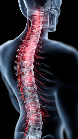 Human spinal column with glowing red areas indicating pain and neurological irritationの写真素材