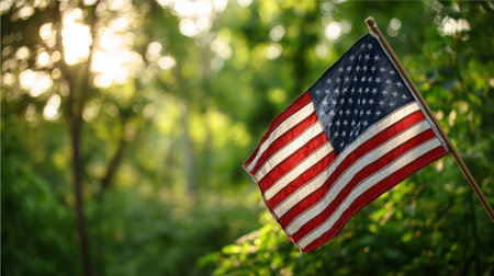 American flag waving on a pole with bright sunlight filtering through green treesの写真素材