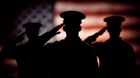 Silhouettes of military personnel saluting with the american flag in backgroundの写真素材