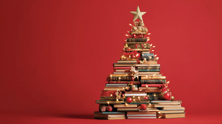 Books stacked forming a Christmas tree with festive lights and ornaments on a red background with copy spaceの写真素材