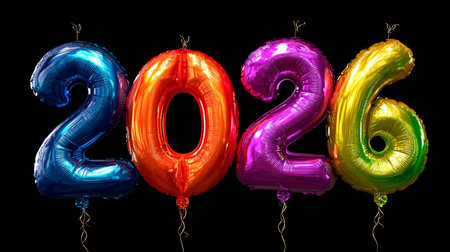 Vibrant 2026 balloons floating, symbolizing new year celebration and future eventsの写真素材