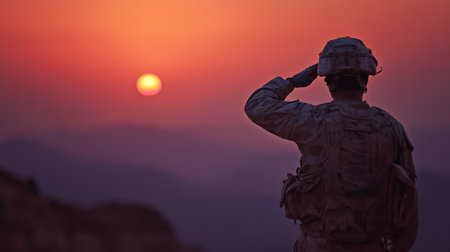 American soldier saluting during a vibrant sunset, representing honor, duty, and military serviceの写真素材