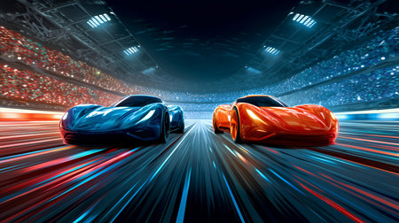 Two speeding sports cars racing against each other on a dark stadium trackの写真素材