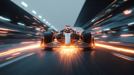 Formula 1 race car racing fast on a modern circuit creating sparks, motion blur effectの写真素材