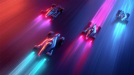 Futuristic race cars are racing on a dark track with glowing neon light trailsの写真素材