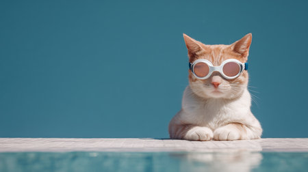 Ginger cat seeing ready for a summer swim, lounging by a bright blue pool with copy spaceの写真素材