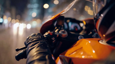 Rider viewpoint of hands on motorcycle handlebars, navigating city street at night with bokeh lightsの写真素材