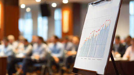 Business data chart showing increasing growth during a corporate meeting with a blurred audience with copy spaceの写真素材