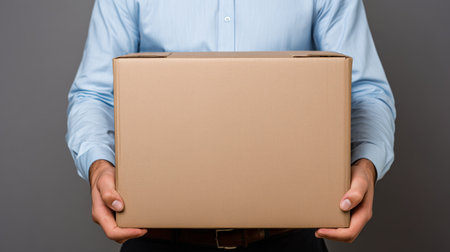 Man holding a blank cardboard box, presenting delivery service or online shoppingの写真素材