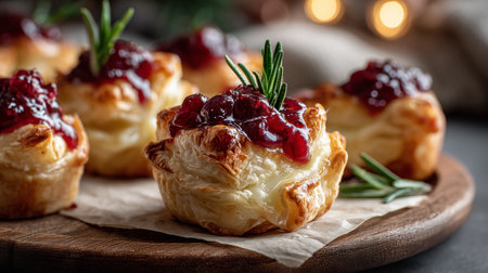 Cranberry brie bites with puff pastry, topped with rosemary, serving as festive holiday appetizersの写真素材