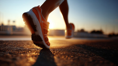 Runner's feet moving on asphalt during golden hour sunsetの写真素材