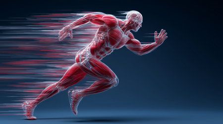 Human anatomy showing muscles and bones with motion blur representing speed and performance with copy spaceの写真素材