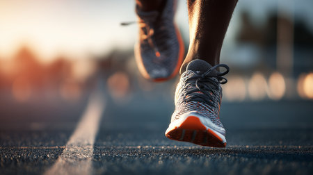 Athlete running with focus and determination on a track during golden hour with copy spaceの写真素材
