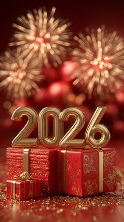 2026 numbers standing on red gift boxes with golden ribbons, confetti, and fireworks