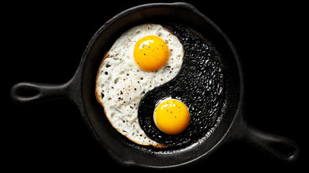 Two fried eggs and burnt food creating a yin yang symbol in a skillet, representing duality and balanceの写真素材