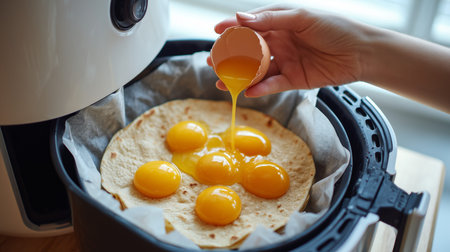 Hand pouring eggs onto a tortilla in an air fryer basket for a quick meal