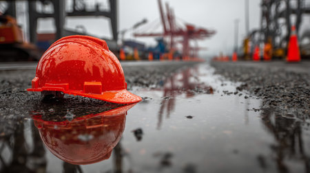 Orange safety helmet with rain drops reflecting in puddle on industrial siteの写真素材