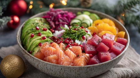 Colorful festive poke bowl with fresh salmon, prickly pear, avocado, and pomegranate seeds