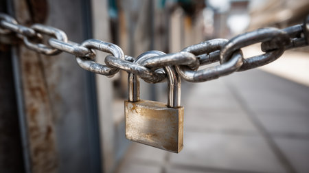 Heavy duty padlock securing metal chain, representing access restriction and protectionの写真素材