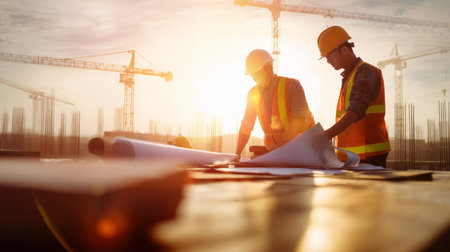 Engineers reviewing blueprints and planning work on a building construction siteの写真素材
