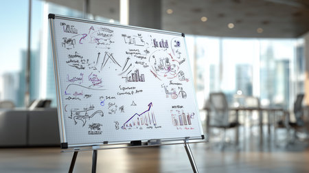 Whiteboard shows handwritten financial graphs and business development plans in a corporate meeting roomの写真素材