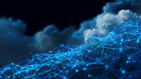 Blue plexus network abstractly connecting with digital clouds in a futuristic concept with copy spaceの写真素材