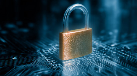 Padlock protecting digital information on a circuit board, representing cybersecurity and data safety with copy spaceの写真素材