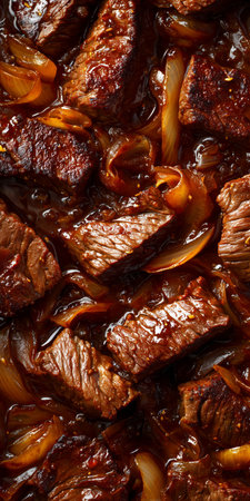 Beef stew pieces and onions braising in a savory dark sauce, close-up viewの写真素材