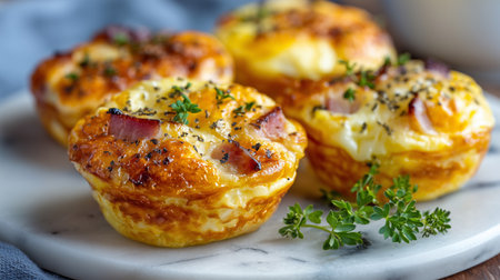 Egg bites with visible pieces of ham and cheese, garnished with fresh herbs on a marble boardの写真素材
