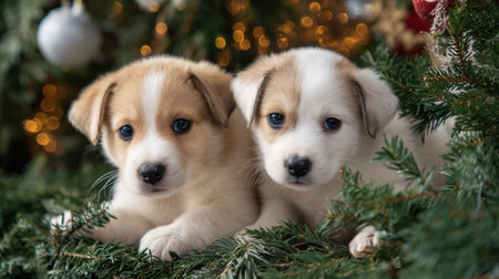 Two cute puppies looking forward, nestled among green pine branches with festive bokeh lightsの写真素材