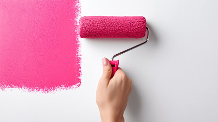 Hand using a paint roller to apply bright pink paint onto a white wallの写真素材
