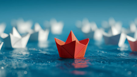 Red paper boat demonstrates leadership and individuality, standing out from white boats on waterの写真素材
