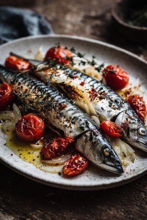 Grilled mackerel fish platter prepared with roasted cherry tomatoes, onions, and fresh thymeの写真素材