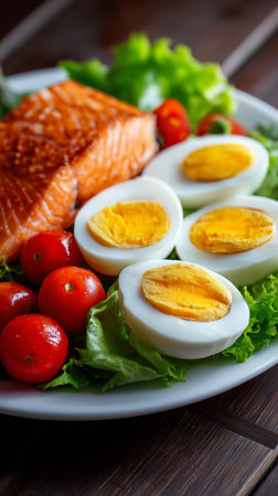 Delicious salmon fillet, hard-boiled eggs, and cherry tomatoes on fresh lettuceの写真素材