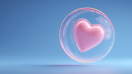 Pink heart enclosed in a glossy transparent sphere floating on a blue background, symbolizing love...