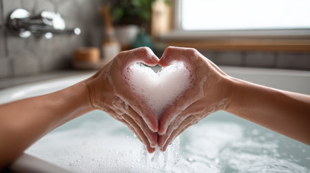 Hands in bathtub water creating a heart shape with soap bubbles, symbolizing love and self-care conceptsの写真素材