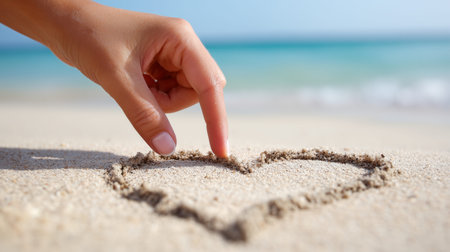 Hand drawing a heart on tropical beach sand with ocean in backgroundの写真素材