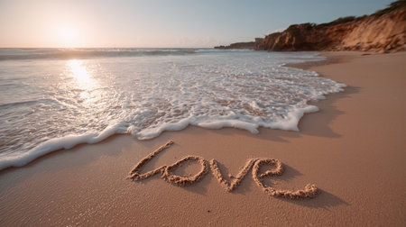 Ocean wave washing away the word love from a sandy beach at golden hourの写真素材