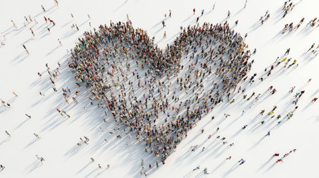 Aerial view of many diverse individuals gathering and forming a heart symbol expressing love and unity on white backgroundの写真素材