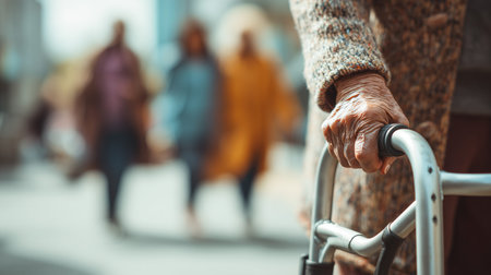 Elderly woman holding walker for mobility and independence in an urban environment with copy spaceの写真素材