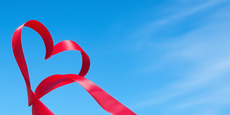 Red ribbon forming a heart shape is conveying love and romance against a vibrant blue sky with copy spaceの写真素材