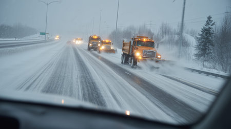 Orange snowplows working in formation, clearing snow from a busy winter highway during a snowstormの写真素材