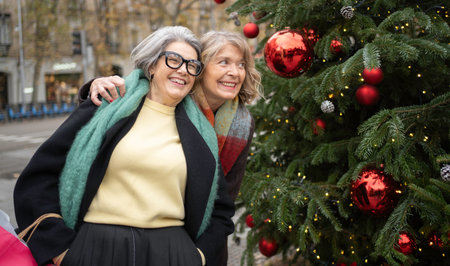 Two smiling senior women friends sharing a festive moment next to a decorated Christmas tree outdoorsの写真素材