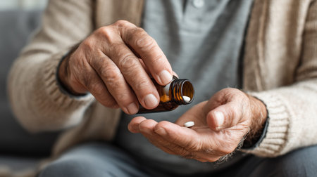 Mature man taking medication from a brown bottle, focusing on health and treatmentの写真素材